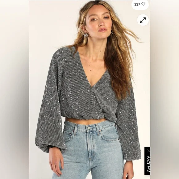 Lulus Silver and Black Sparkle Lined Top Sz M - Picture 2 of 16